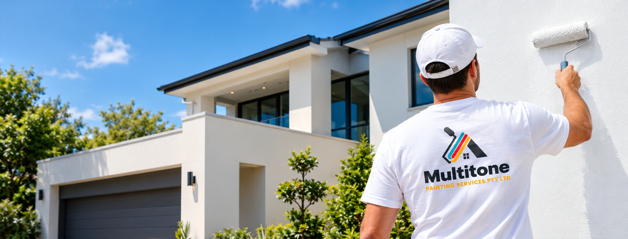 Professional painter applying fresh white paint to modern home